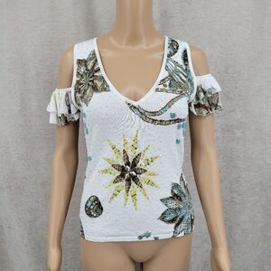 Alberto Makali Y2K Beaded White Floral Women's Top Cold Shoulder